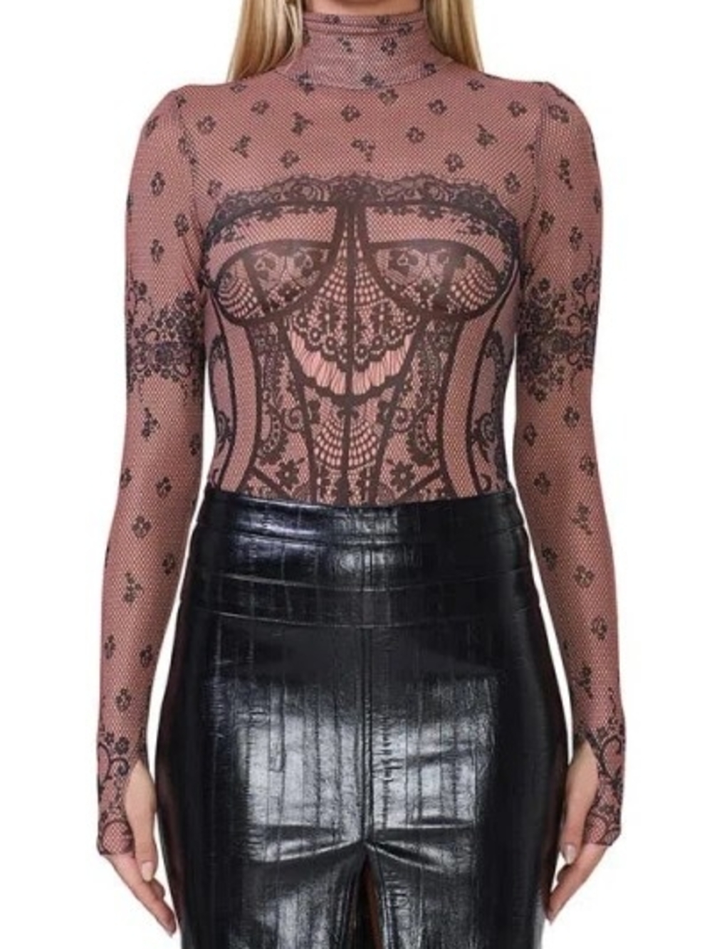 Sheer Lace-Print Mock Neck Long Sleeve Top - AFRM
